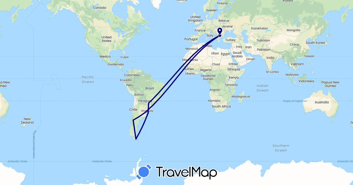 TravelMap itinerary: driving in Argentina, Bulgaria, Uruguay (Europe, South America)